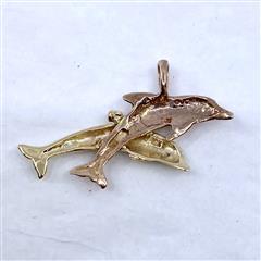 10K Two-Tone Yellow & Rose Gold Jumping Dolphins Pendant 0.91dwt